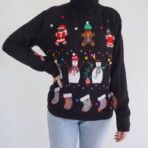 Vintage Lord & Taylor Black Gingerbread Snowman Santa Ugly Christmas Sweater L